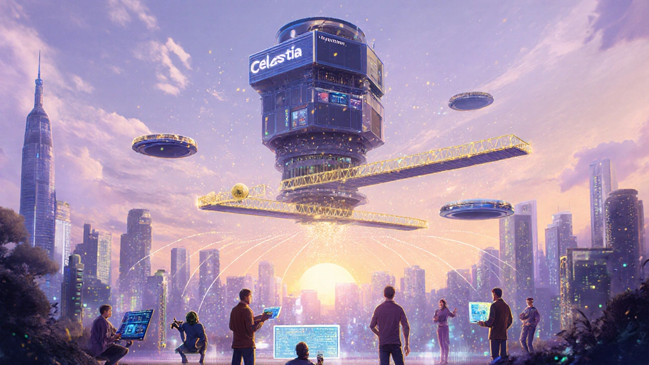 Futuristic scene of interconnected rollups, sidechains, Celestia and Lightning Network under a sunrise.