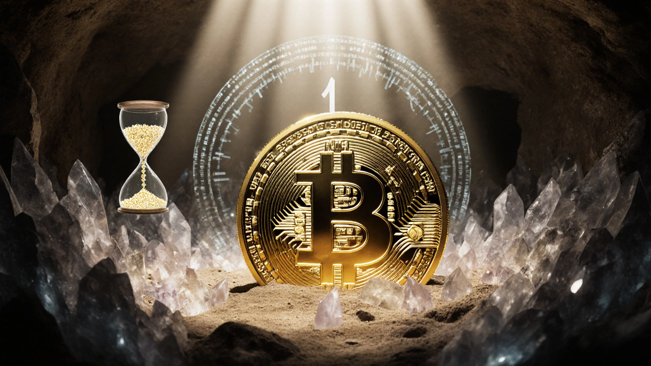 Golden Bitcoin emerging from a cavern with a supply‑cap hourglass.