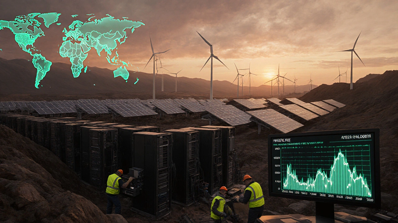 Mining farm with engineers upgrading rigs and abstract fee graphs.