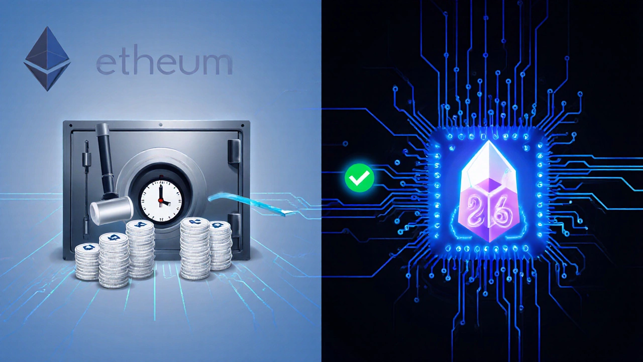 Split‑screen art showing Optimistic Rollup with a challenge timer and ZK‑Rollup with instant proof.