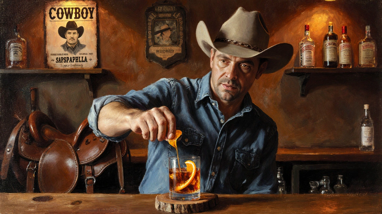 Bartender preparing a Cowboy Old Fashioned in a western‑styled modern bar.