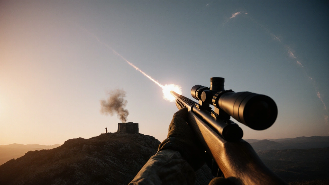 Bullet hits mortar position on ridge, plume of smoke and rifle in foreground.