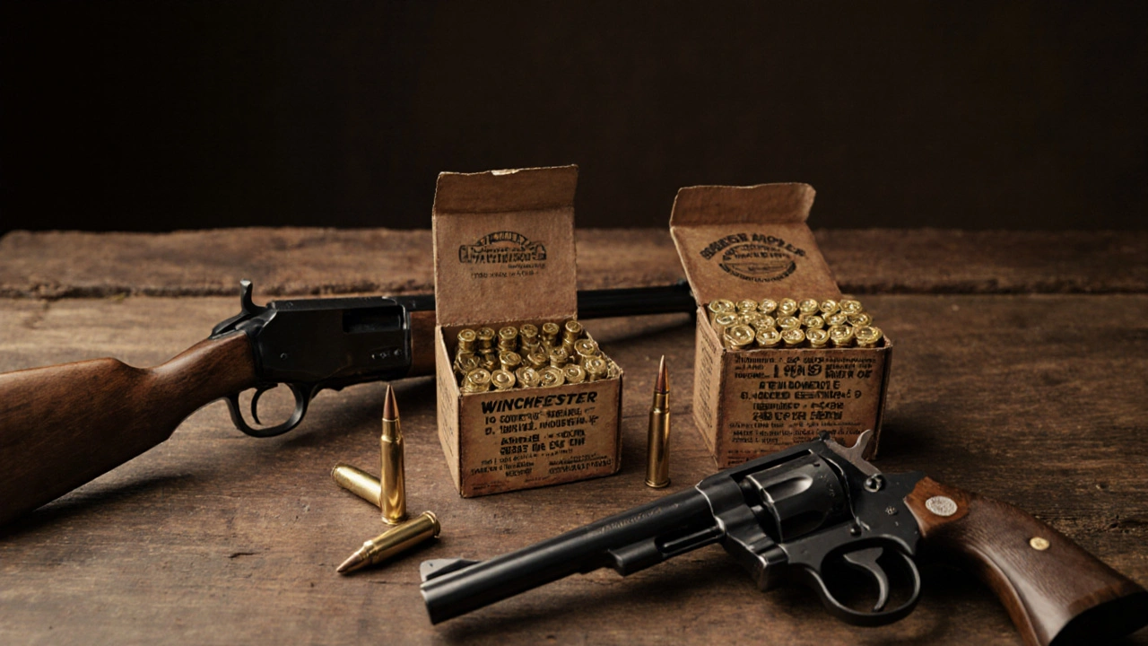 Close‑up of .45 Colt, .44‑40, and .38‑40 cartridges beside their period firearms.