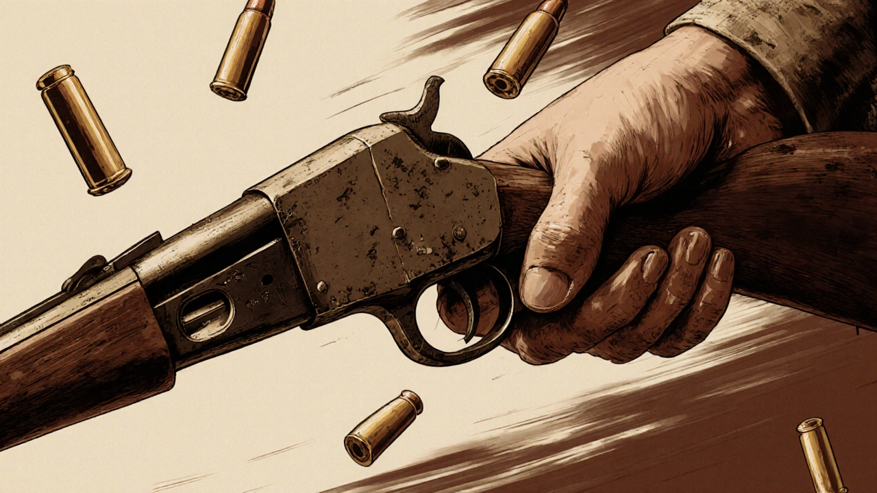 Close-up of a lever-action rifle cycling with a brass cartridge ejecting and calloused hand gripping the lever.