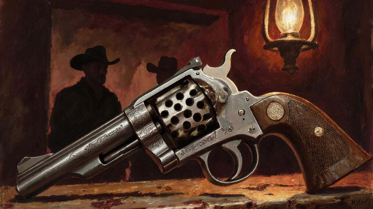 Close view of a Colt Single Action Army revolver with a spinning cylinder in a saloon setting.