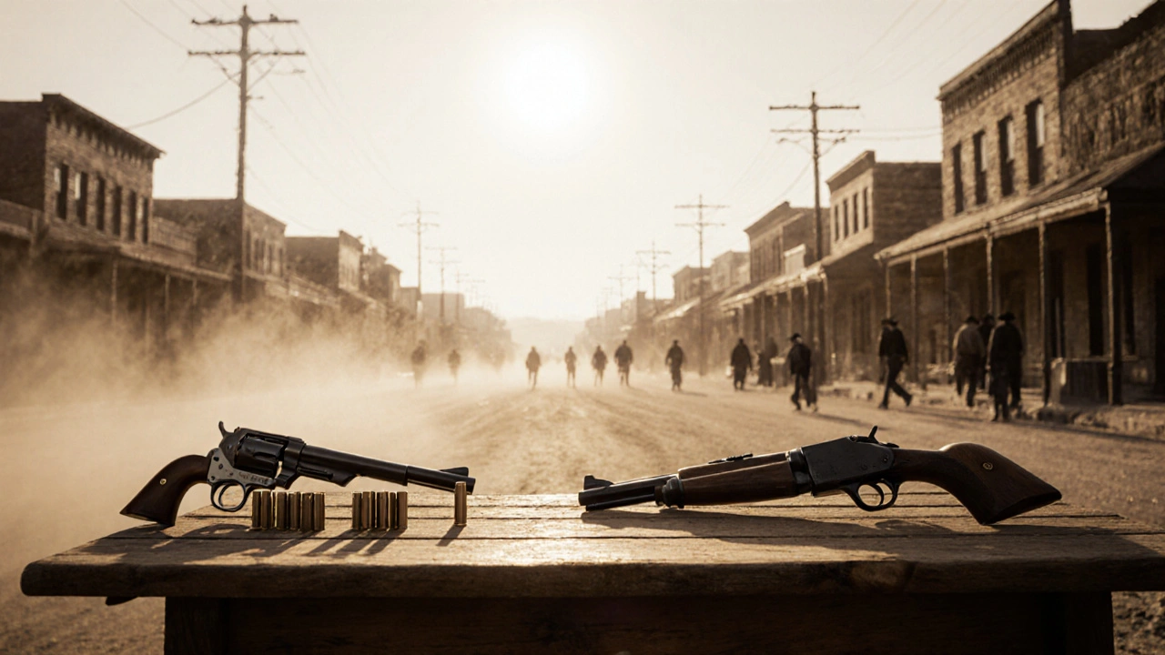 Colt revolver, Smith & Wesson Model 3, and Winchester rifle displayed on a table in a sepia‑toned frontier street.