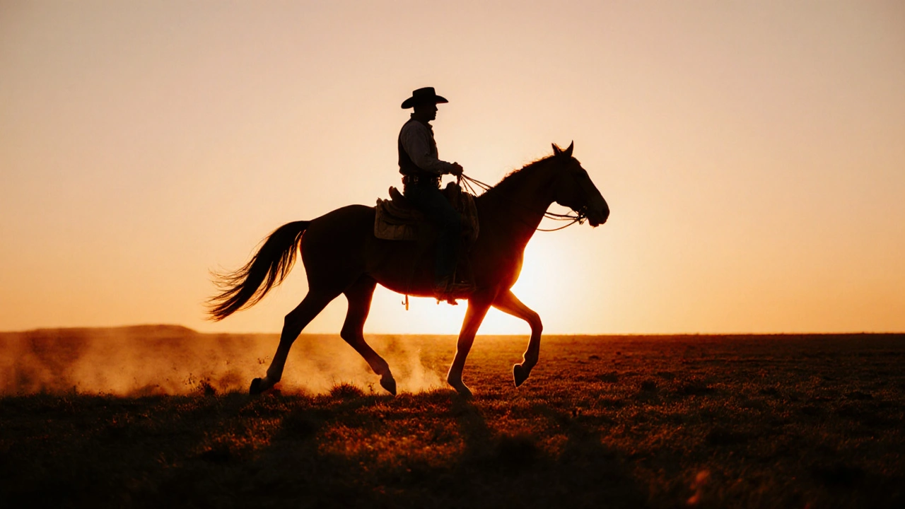 Cowboy riding across plains at sunset.
