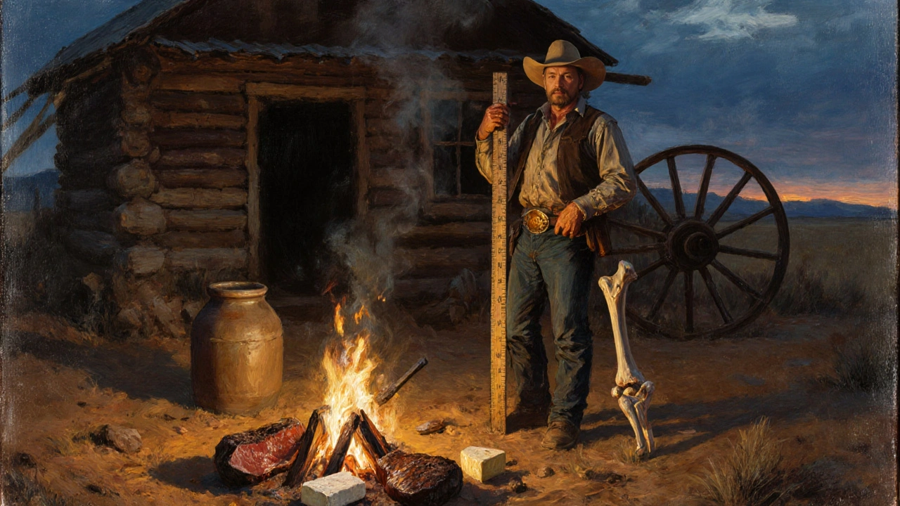 Cowboy standing beside a measuring stick at a frontier camp, with game meat and milk nearby.
