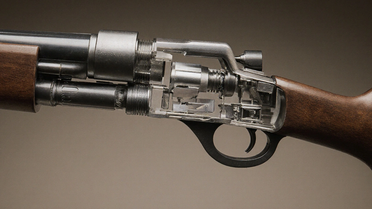 Cutaway view showing the Model 73's lever, bolt, breech block, and rear box magazine.