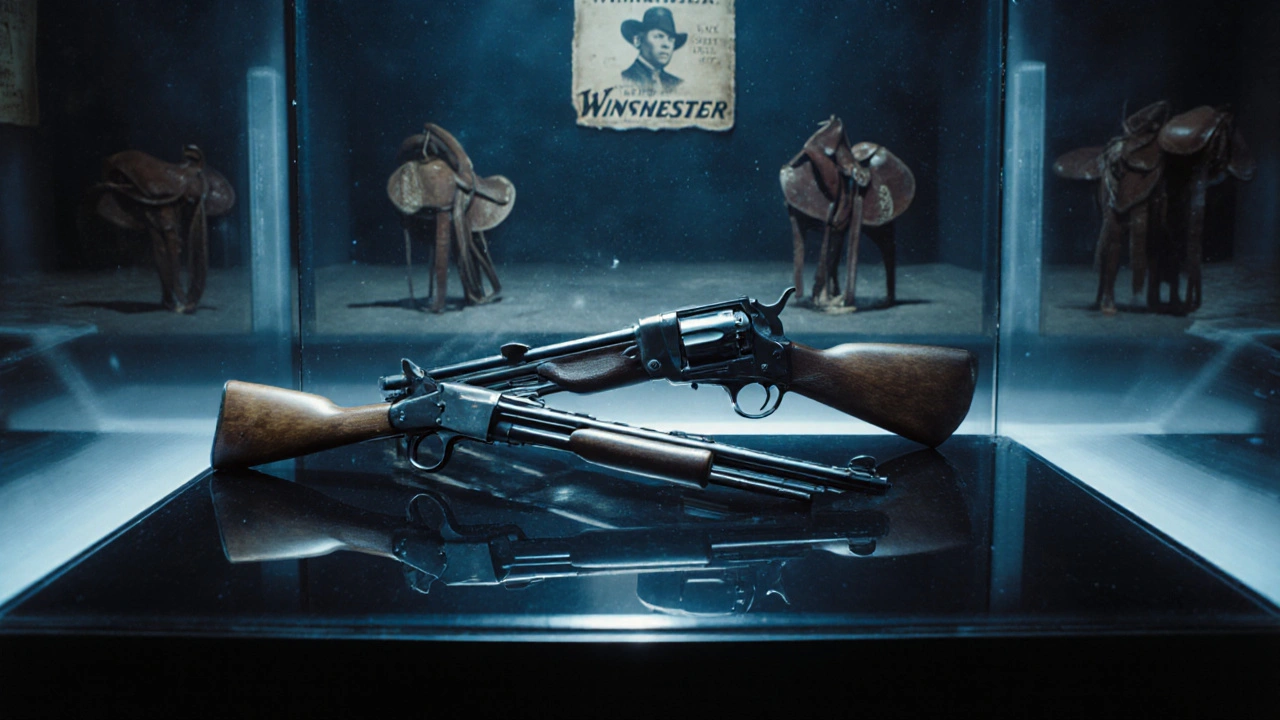 Display of a replica Colt revolver and Winchester rifle in a collector’s showcase.