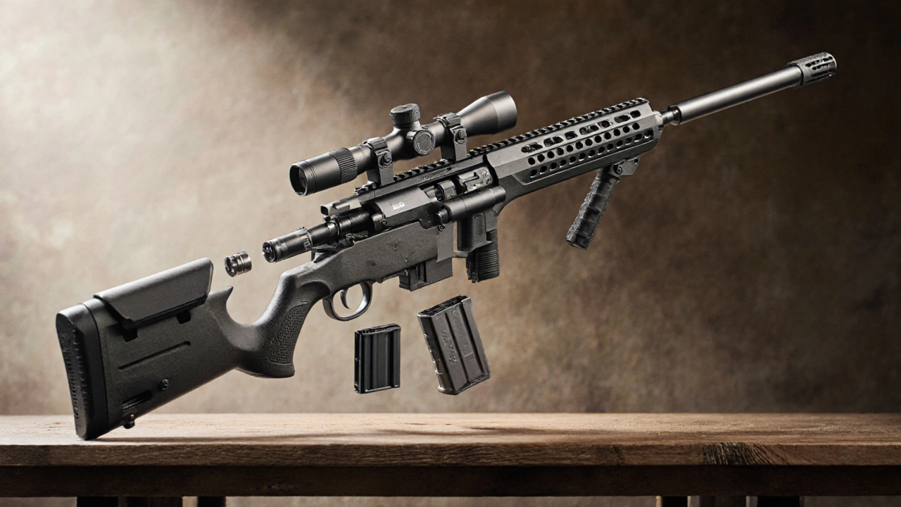 Exploded view of a sniper rifle showing barrel, bolt, magazine and stock.