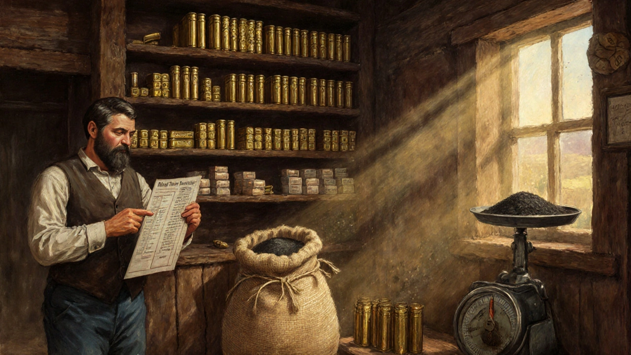 Frontier general store interior displaying tin cartridges, paper rounds, and a powder sack on a scale.