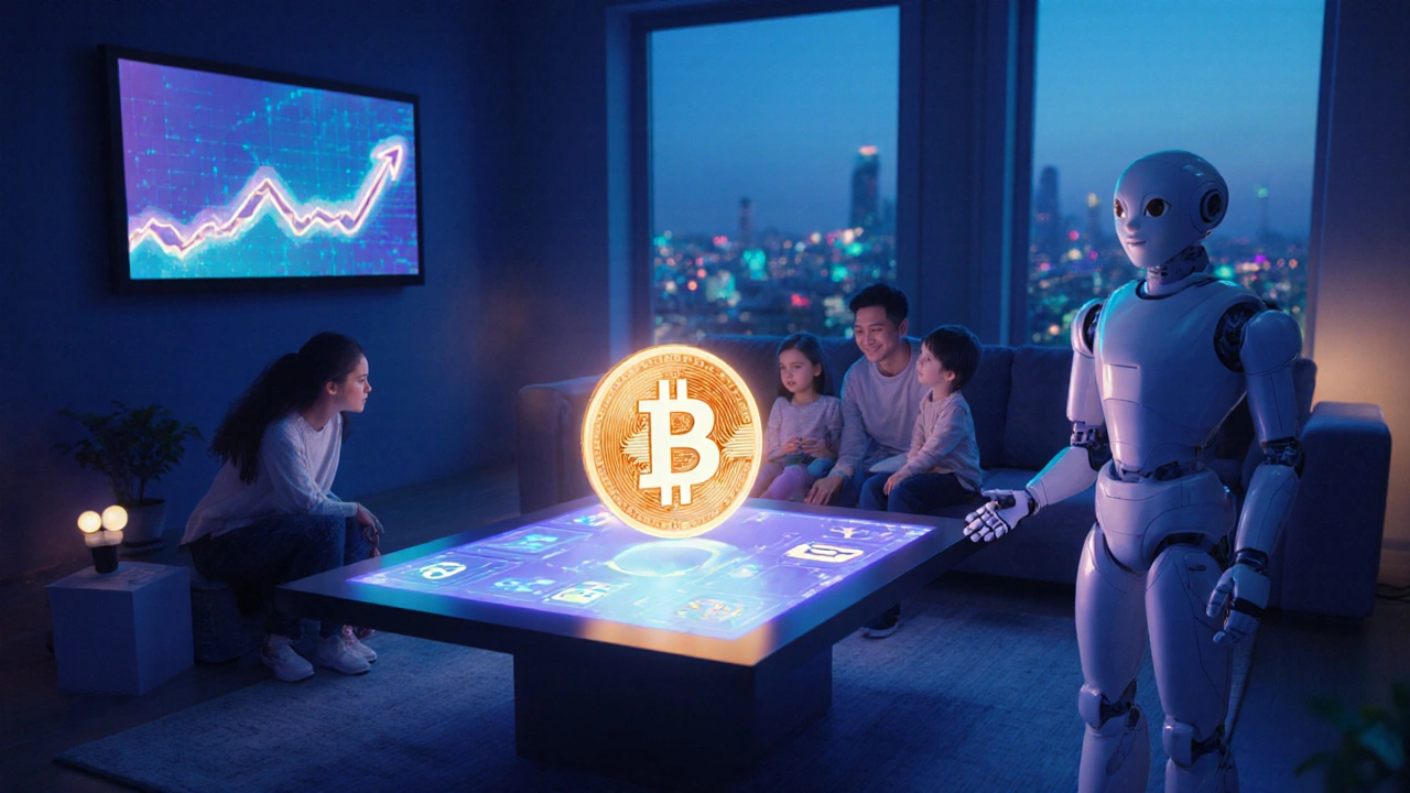 Futuristic home scene where a family settles rent with a holographic stablecoin.