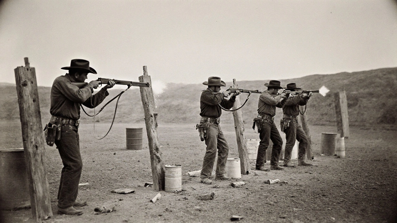Group of cowboys shooting lever-action rifles at a historic range with wooden targets and scattered cans.