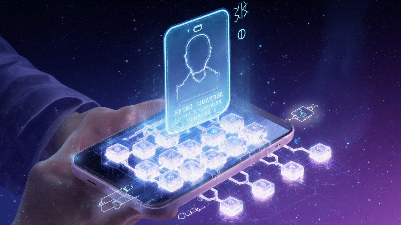 Holographic identity badge and blockchain ledger illustrating privacy‑preserving KYC.