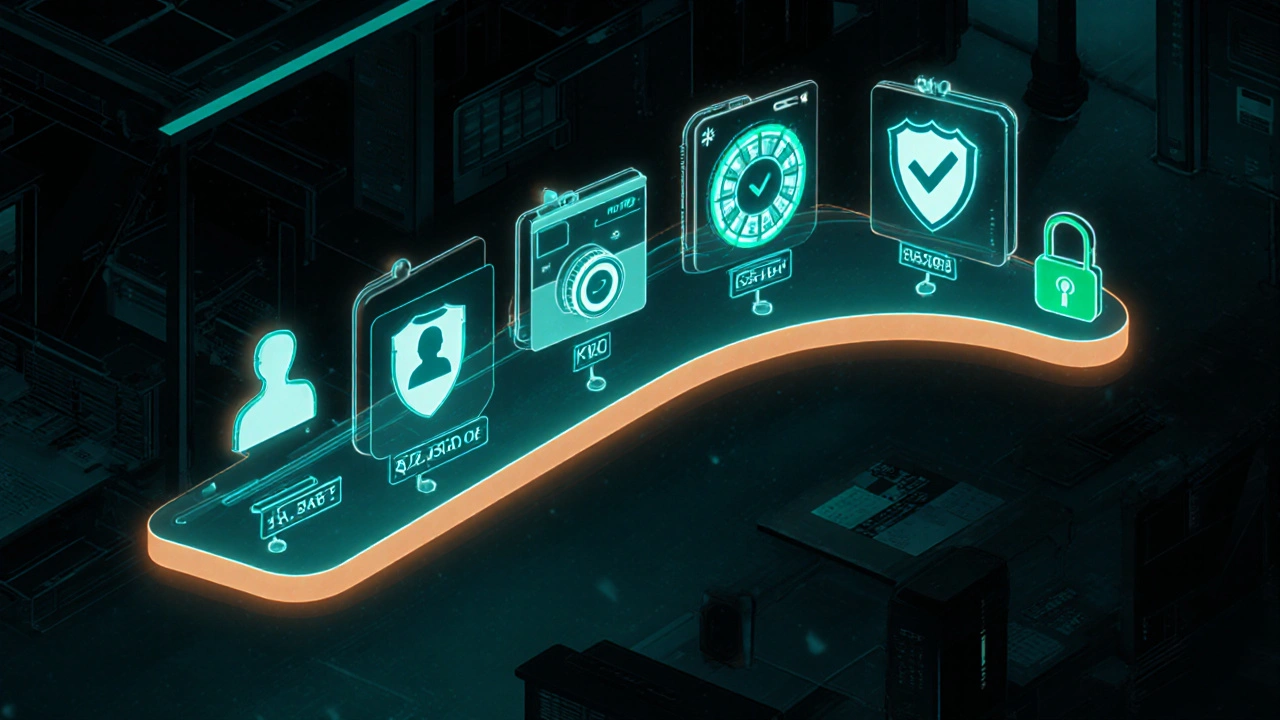 Isometric KYC workflow board showing six compliance steps as icons.