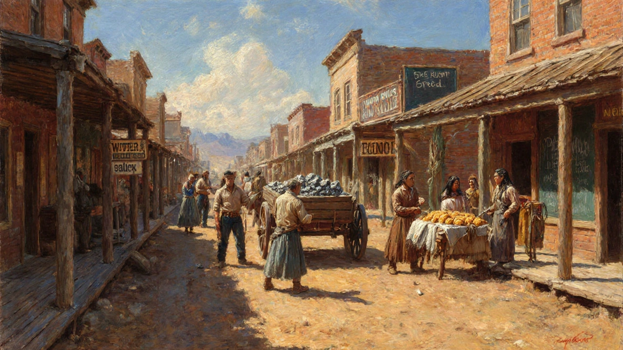 Midday frontier town street with store, saloon, school, miners, women, Native traders.