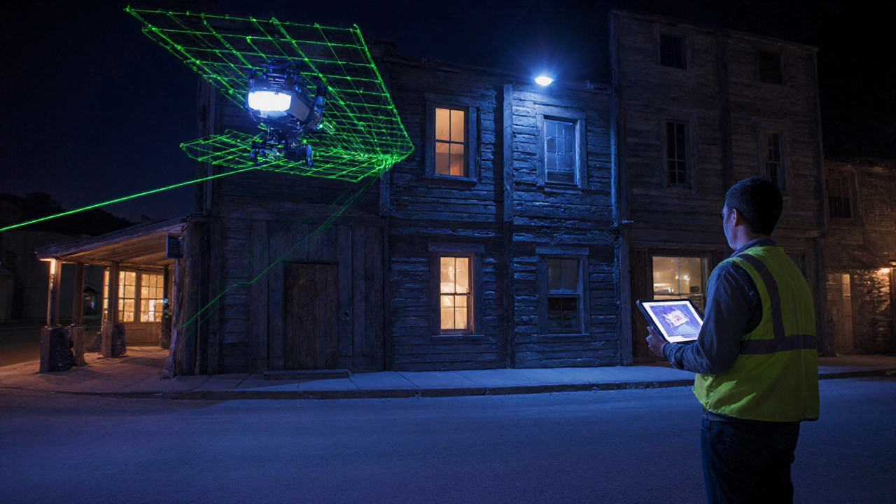 Preservation team scanning a historic Virginia City building with laser equipment at night.