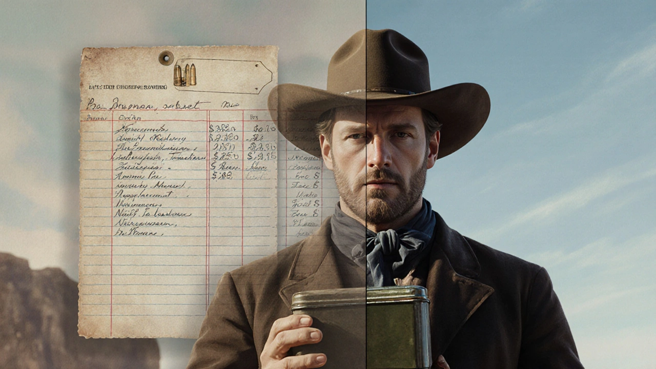 Reenactor holding a vintage ammo box with ghostly ledger and modern price overlay indicating historic cost.