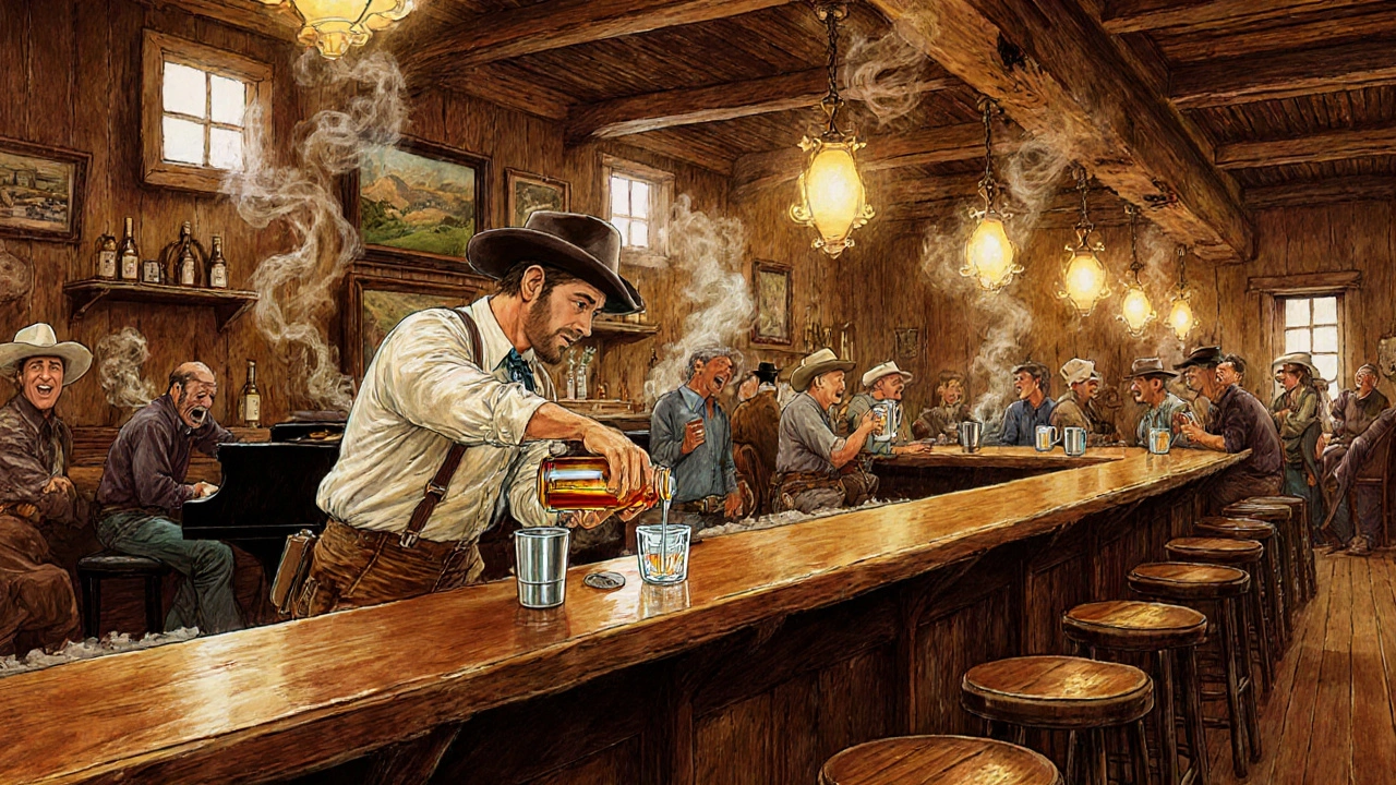 Saloon bar scene with bartender pouring whiskey into a tin cup beside a nickel.