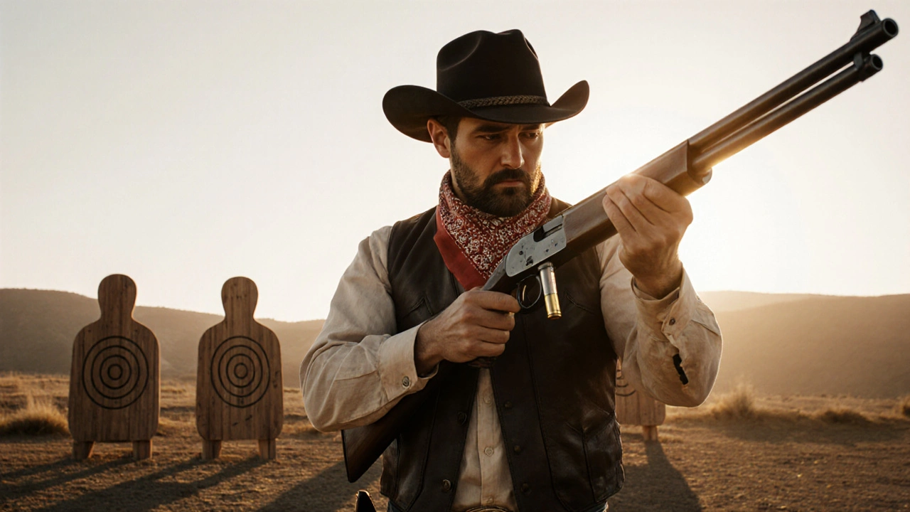 Shooter in cowboy attire loading a rifle with .44‑40 ammo at a range.