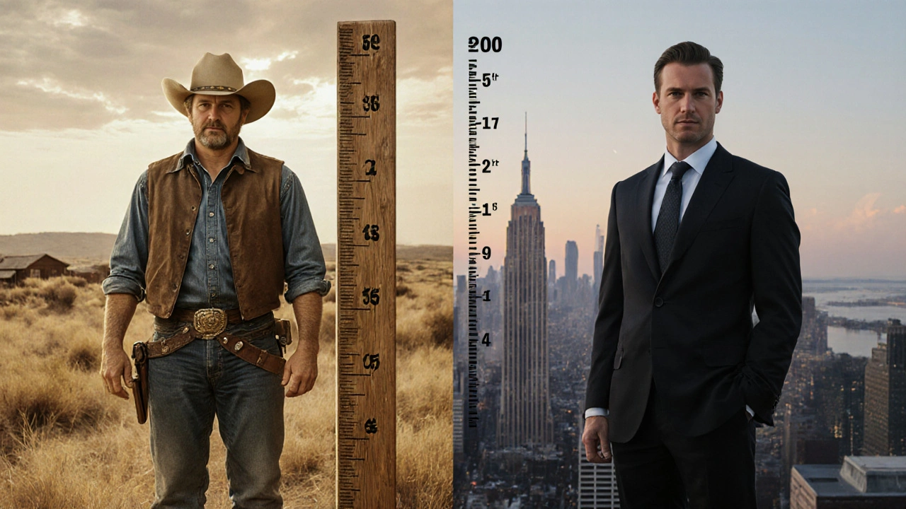 Split scene comparing a 1800s cowboy with a modern man, highlighting slight height difference.