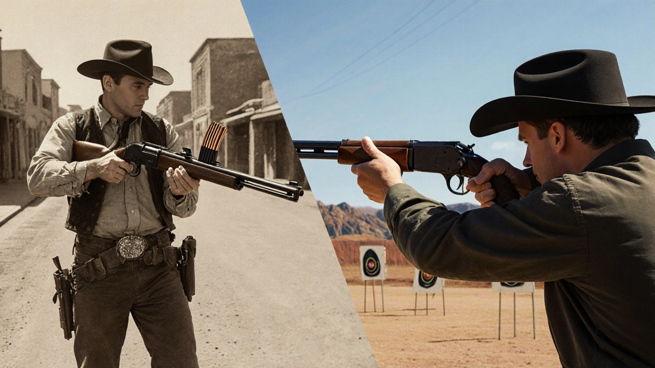 Split scene of an old western film and a modern shooter both using a Model 73 rifle.