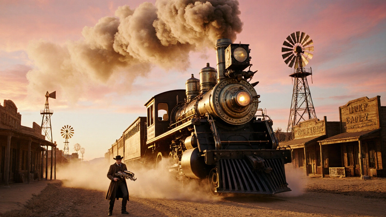 Steampunk western set with steam locomotive racing past a brass‑clad frontier town at sunset.