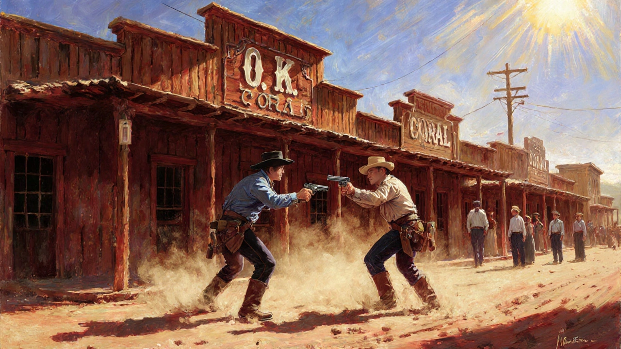 Tombstone reenactment of an O.K. Corral gunfight with actors in period clothing.