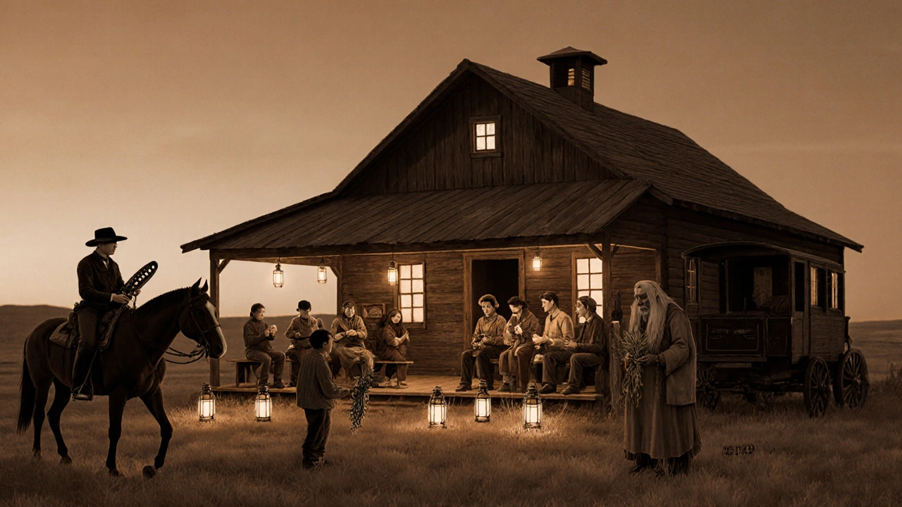 Twilight town hall gathering with townsfolk, sheriff, minstrel, and Native elder.